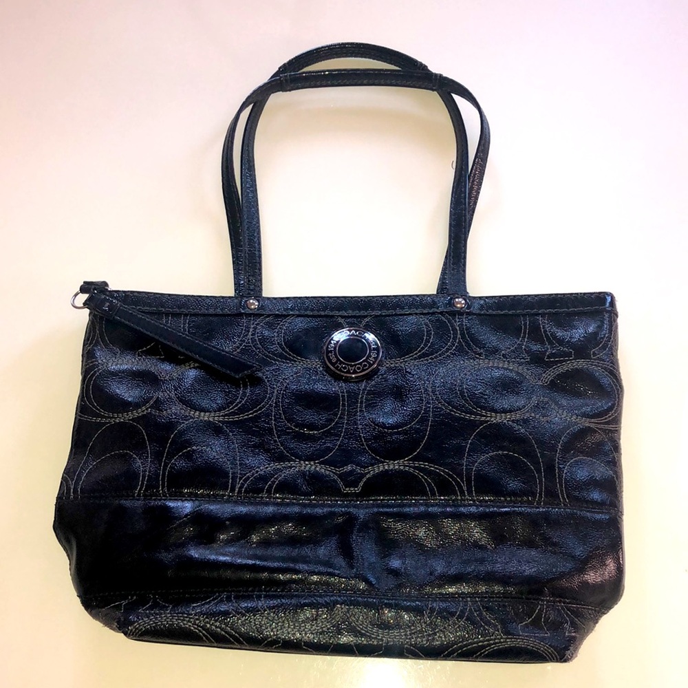 Coach Signature Stripe Stitched Black Patent Leather Tote Handbag F19198